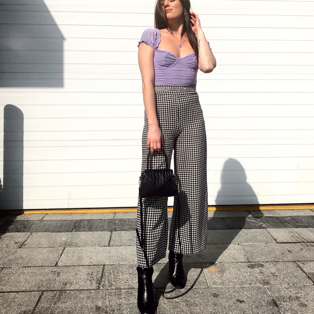High Waist Wide Leg Houndstooth Culottes
